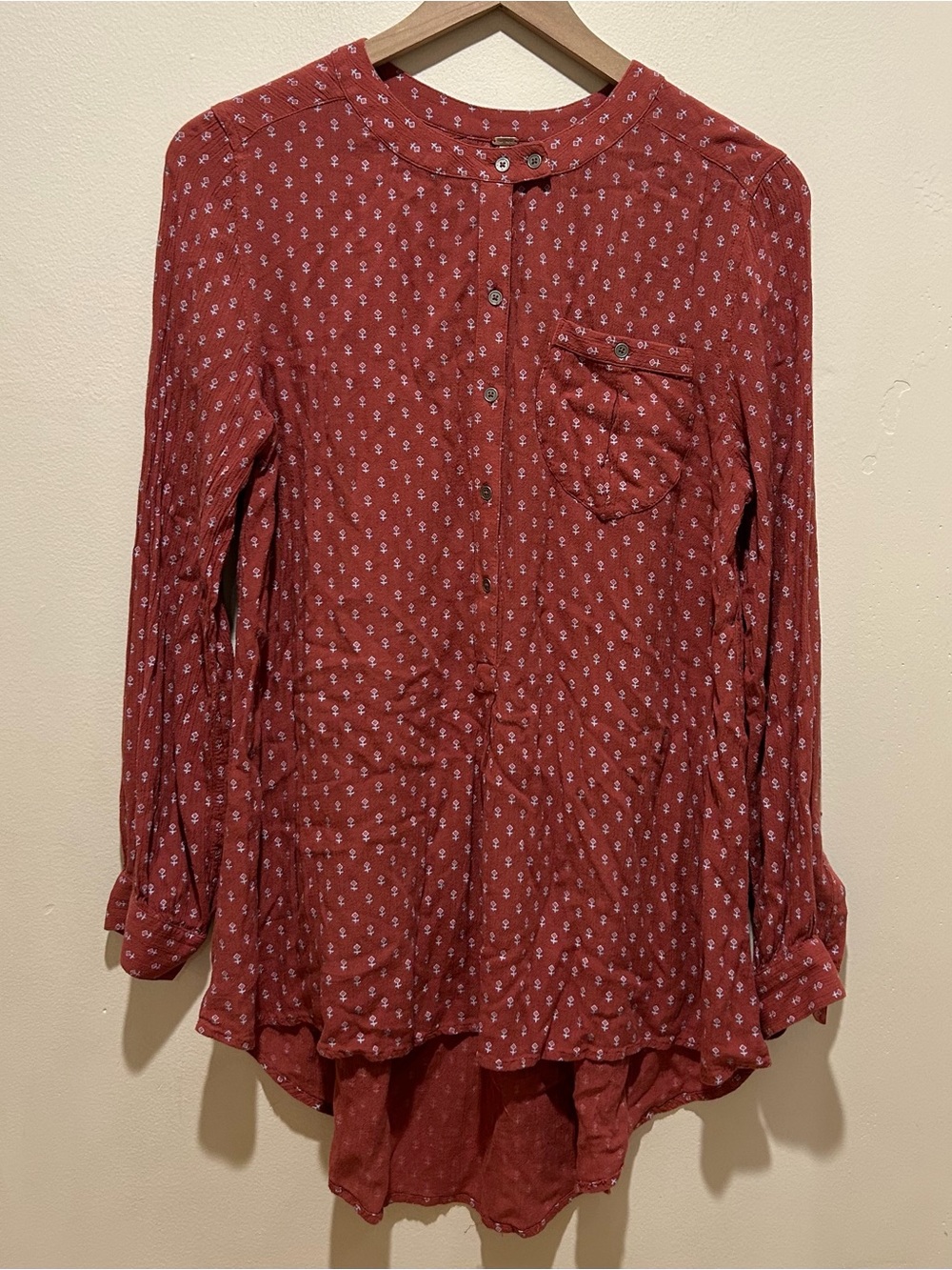 Free People Copper Brown Long Oversized Half Button Tunic Blouse - Size Small